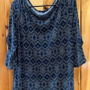 Printed Navy Blue Women's Top - Relaxed Cowl Neck
